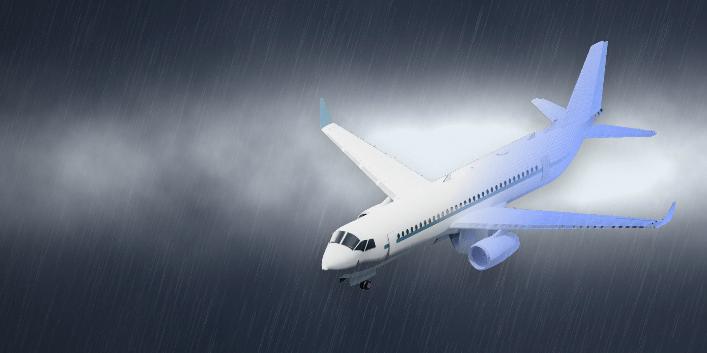 A Heavy Weather airliner in a storm, half of the model shown as wireframe